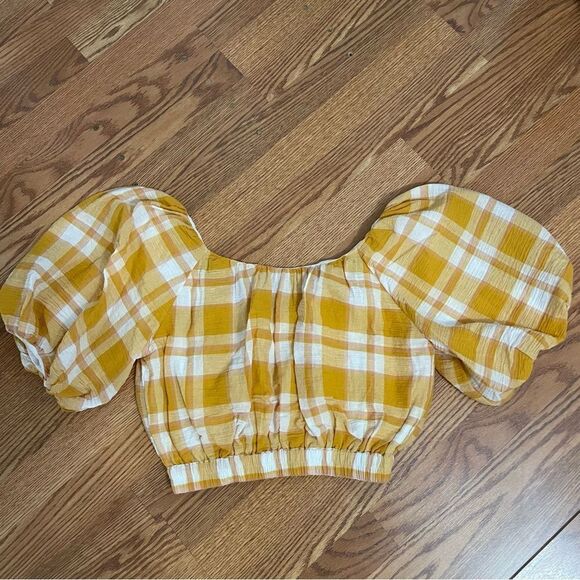 MNG by Mango Yellow Plaid Cotton Cropped Peasant Top Sz-S NWT! - Picture 3 of 9
